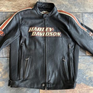 Harley Davidson Men Black Leather Motorcycle Jacket, Genuine Leather Riding Gear, Vintage Striped Sleeves, Biker Apparel, gift, gift for him