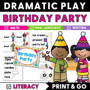 May include: A colorful educational graphic with the text "DRAMATIC PLAY BIRTHDAY PARTY." It features illustrations of children, birthday cake, party hats, and related items. The graphic includes the words "MATH," "ORAL LANGUAGE," "WRITING," and "LITERACY."
