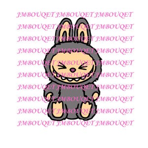 May include: A cartoon illustration of a grey monster wearing a grey bunny costume with a big toothy grin. The monster has a light brown face with a pink nose and black eyes.