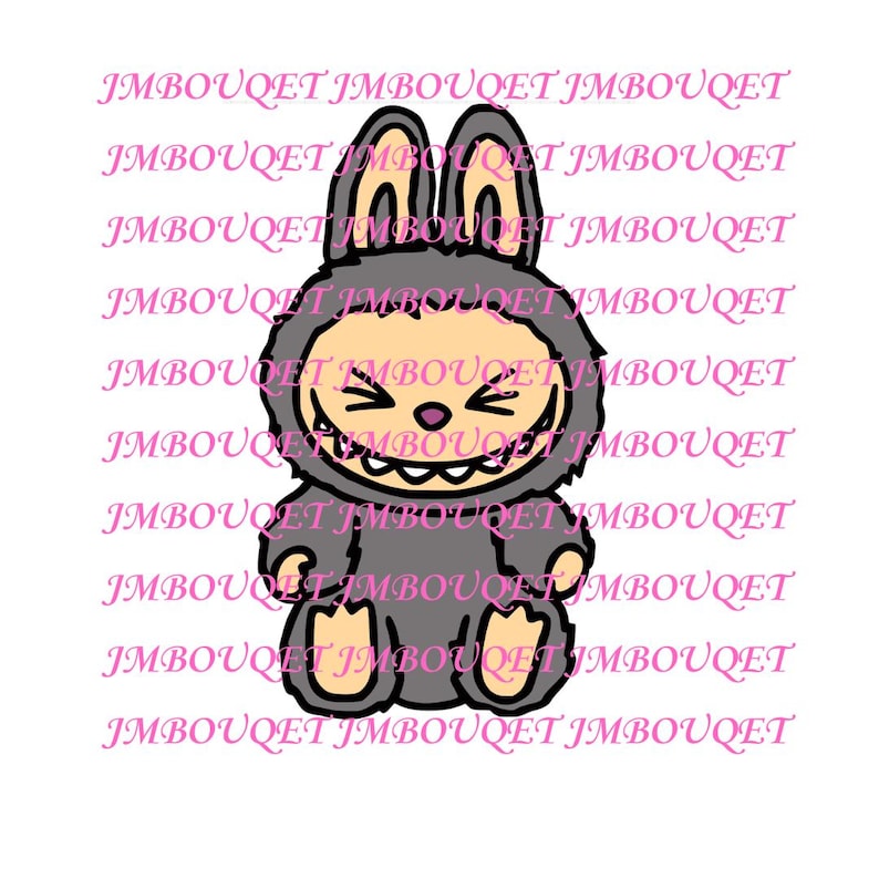 May include: A cartoon illustration of a grey monster wearing a grey bunny costume with a big toothy grin. The monster has a light brown face with a pink nose and black eyes.