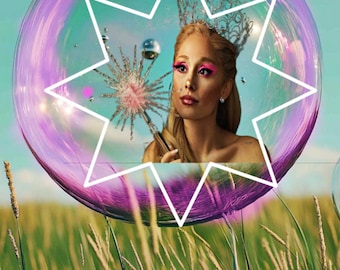 May include: A woman with pink eye makeup and a crown is inside a large, iridescent bubble. A white star shape is overlaid on the bubble. The background features a field of tall grass, pink clouds, and a teal sky.