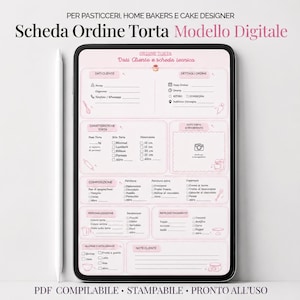 Puede incluir: Una plantilla digital de formulario de pedido de pasteles mostrada en la pantalla de una tableta con un lápiz óptico al lado. El formulario incluye secciones para información del cliente, detalles del pedido, características, composición y pago.