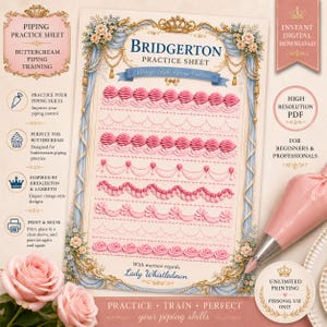 Övningsblad för Bridgerton Buttercream-spritsning | Mall för vintage Lambeth-tårtdekorering | Utskrivbar spritsningsguide, övningsblad för Sac à Poche