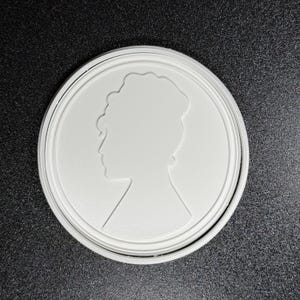 Może przedstawiać: Biały, okrągły medalion z profilem osoby z upiętą fryzurą. Wzór jest wypukły i osadzony w koncentrycznych pierścieniach. Medalion jest prawdopodobnie wykonany z tworzywa sztucznego lub podobnego materiału.