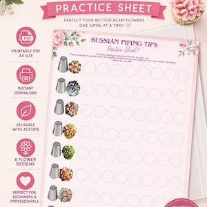 Könnte beinhalten: Ein Übungsblatt für russische Spritztüllen mit acht Reihen kreisförmiger Vorlagen für Buttercreme-Blumen. Das Dokument enthält Abbildungen von Metalltüllen, florale Grafiken und Anweisungen für den Ausdruck im A4-Format.