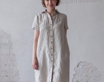 Organic Linen Midi Shirt Dress: Buttoned Casual Clothing