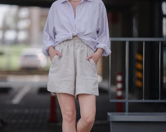 Shorts de lino orgánico: largo midi, tiro alto, ropa para mujer