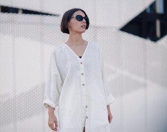 Organic Linen Shirt: Oversized Long Sleeve Button Blouse
