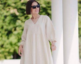Organic Linen Maxi Dress: Loose Fit Long Sleeve Stonewashed