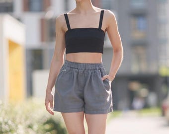 Shorts de lino orgánico de tiro alto: ropa de verano lavada a la piedra
