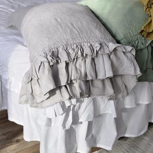 Linen Pillowcase Ruffled Pillow Cover Soft Linen Pillow Sham With Double Ruffle Farmhouse Linen Pillowcover Standard Queen King Custom Size