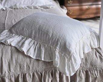 Ruffled Linen Pillow Cover: European Organic Flax, Shabby Chic Style
