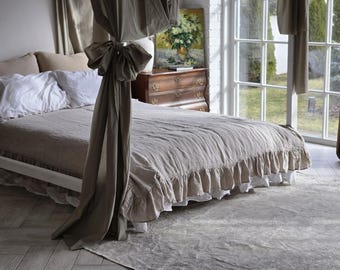 Ruffled Linen Flat Sheet: Farmhouse Bed Top Sheet, OEKO-TEX Certified. Frilled Bedspead