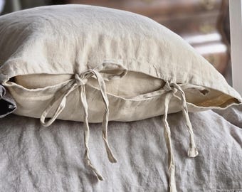 Soft Stonewashed Linen Pillow Cover: Organic Farmhouse Style Pillowcase. Pillow Sham With Ties