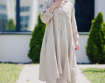 Organic Linen Maxi Shirt Dress: Long Buttoned Women's Clothes