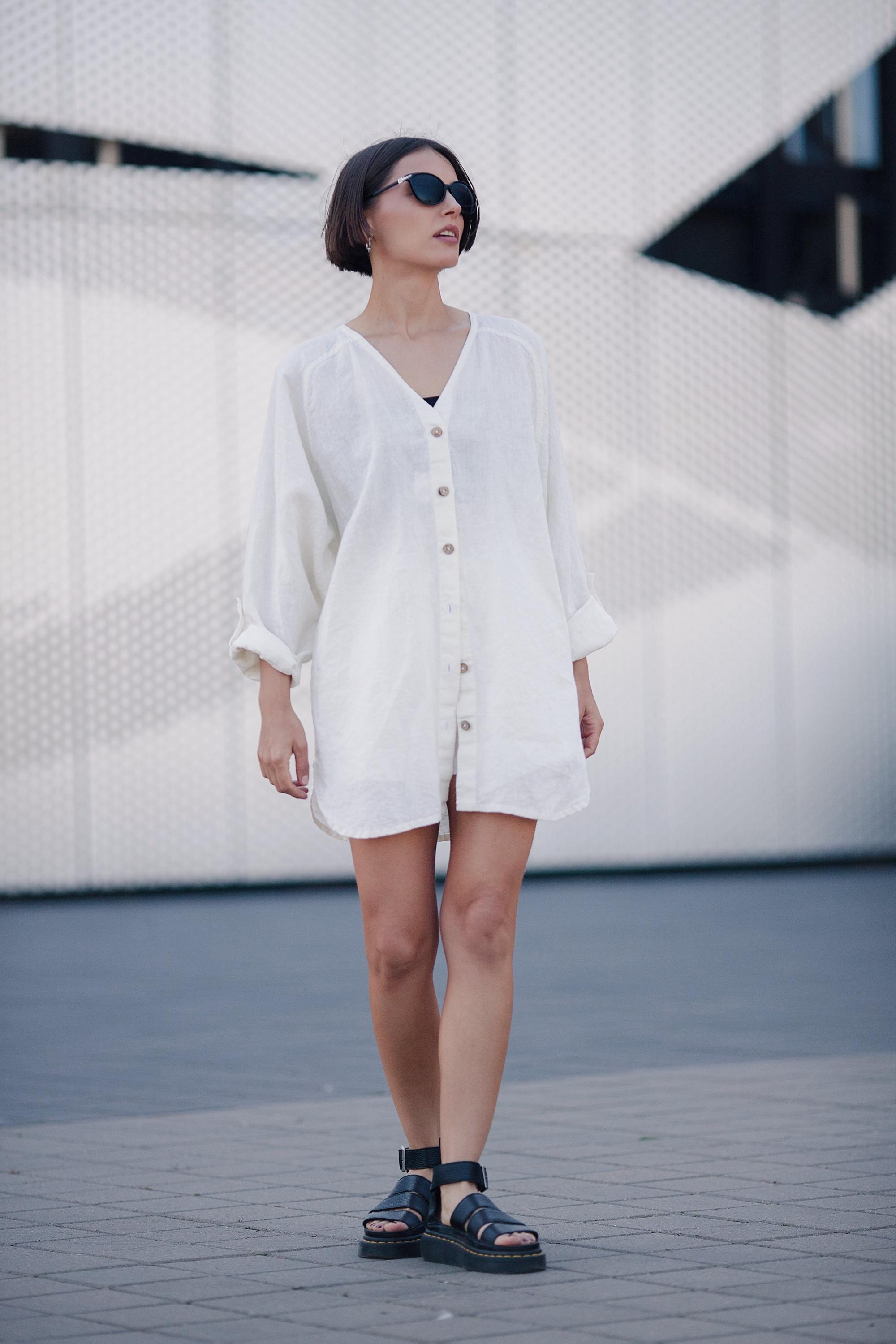Organic Linen Shirt: Oversized Long Sleeve Button Blouse