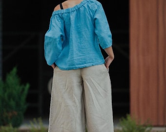 Organic Linen Off-Shoulder Blouse: Soft Stonewashed Top