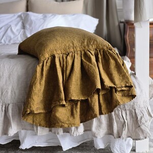 Ruffled Organic Linen Pillow Cover. Frilled Pillowcase. Flax Pillow Sham. Bed decor