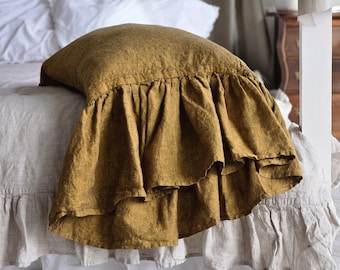 Ruffled Organic Linen Pillow Cover. Frilled Pillowcase. Flax Pillow Sham. Bed decor