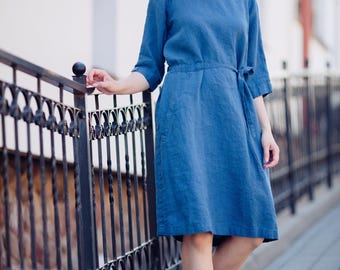 Organic Linen Midi Dress: Relaxed Fit Tunic with Pockets