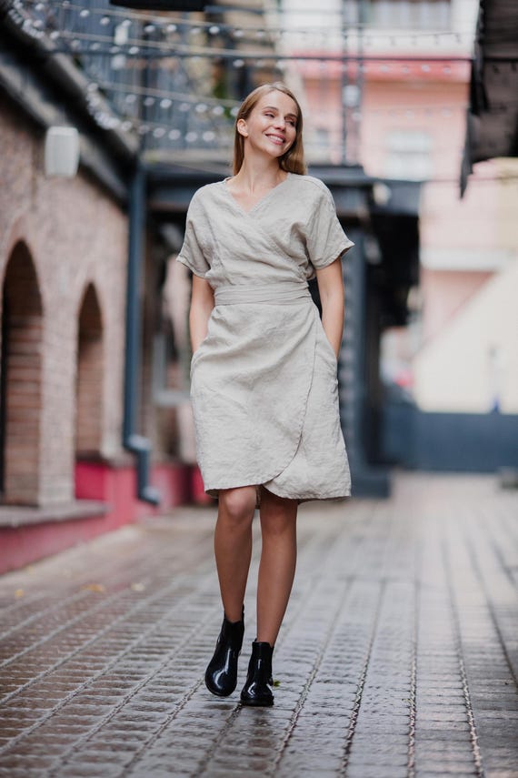 Linen Dress Wrap Organic Dress Comfy Midi Length Linen Dress Linen