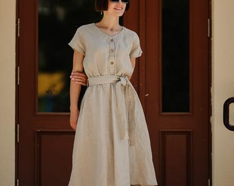 Organic Linen Midi Dress: V-Neck Belted Casual Outfit