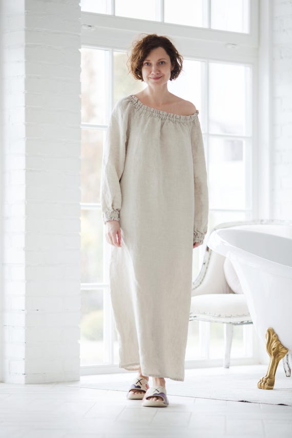Organic Linen Nightgown: Relaxed Fit Maxi Dress, Long Sleeve Sleepwear