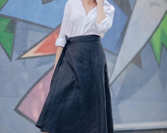 Organic Linen Wrap Skirt: Midi A-Line, Sewn Belt