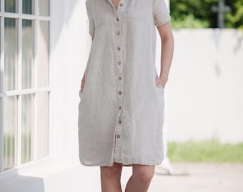 Sukienka z organicznego lnu zapinana na guziki: Tunika midi z efektem stone washed