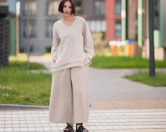 Organic Linen Blouse: Long Sleeve Relaxed Fit Stonewashed Top