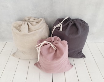 Bolsa de lino orgánico con lazos: Bolsa para ropa, ropa sucia y pan. Organización del almacenamiento.