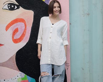 Organic Linen Tunic Top: Relaxed Fit Long Sleeve Blouse