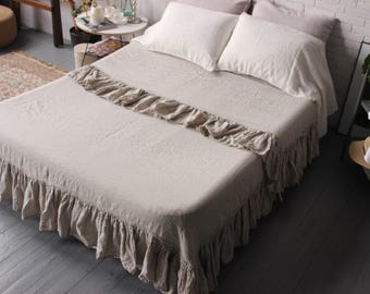Ruffled Organic Linen Flat Sheet: Shabby Chic Bed Cover, OEKO-TEX Certified