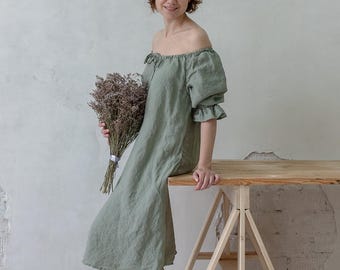 Off Shoulder Linen Dress: Midi Summer Dress with Pockets