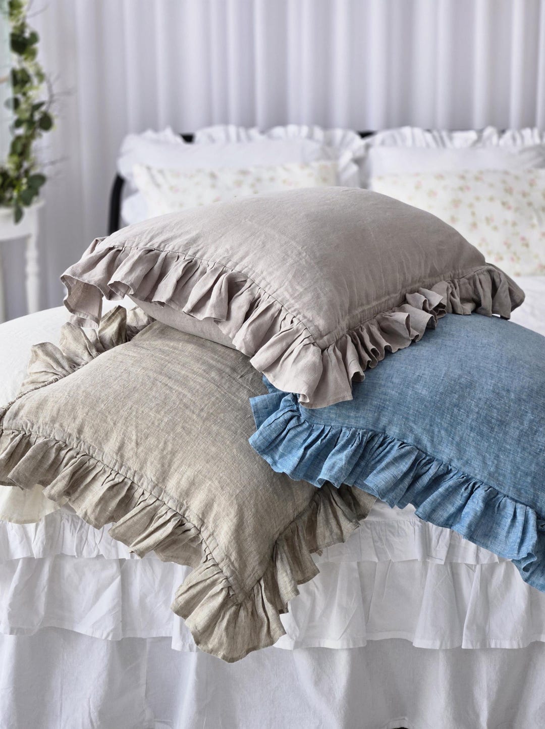 Gerüschte Kissenbezüge 2er-Set - Leinen-Optik, 50x70 Cm | Shabby Chic, Naturfarben, 100% Baumwolle