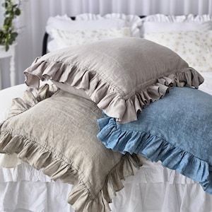 Linen Ruffled Pillow Sham Organic Shabby Chic Look Linen Pillow Cover Standard Queen EUR Custom Size Farmhouse Linen Pillow Slip