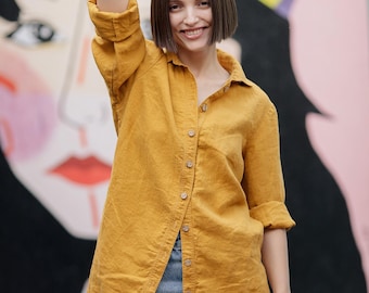 Organic Linen Buttoned Shirt: Long Sleeve Oversized Blouse