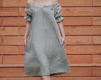 Bio Leinen Off-Shoulder Kleid: Midi Sommer Tunika mit Taschen