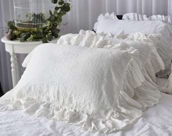 Ruffled Linen Pillow Sham: Farmhouse Shabby Chic Pillow Cover