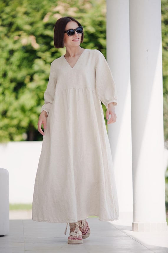 Organic Linen Maxi Dress: Loose Fit Long Sleeve Stonewashed