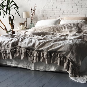 Organic Duvet Cover With Ruffle Soft Shabby Chic Look Linen Ruffled Comforter Cover Twin Queen King CalKing Full Comforter Quilt Cover