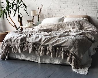 Organic Duvet Cover With Ruffle Soft Shabby Chic Look Linen Ruffled Comforter Cover Twin Queen King CalKing Full Comforter Quilt Cover