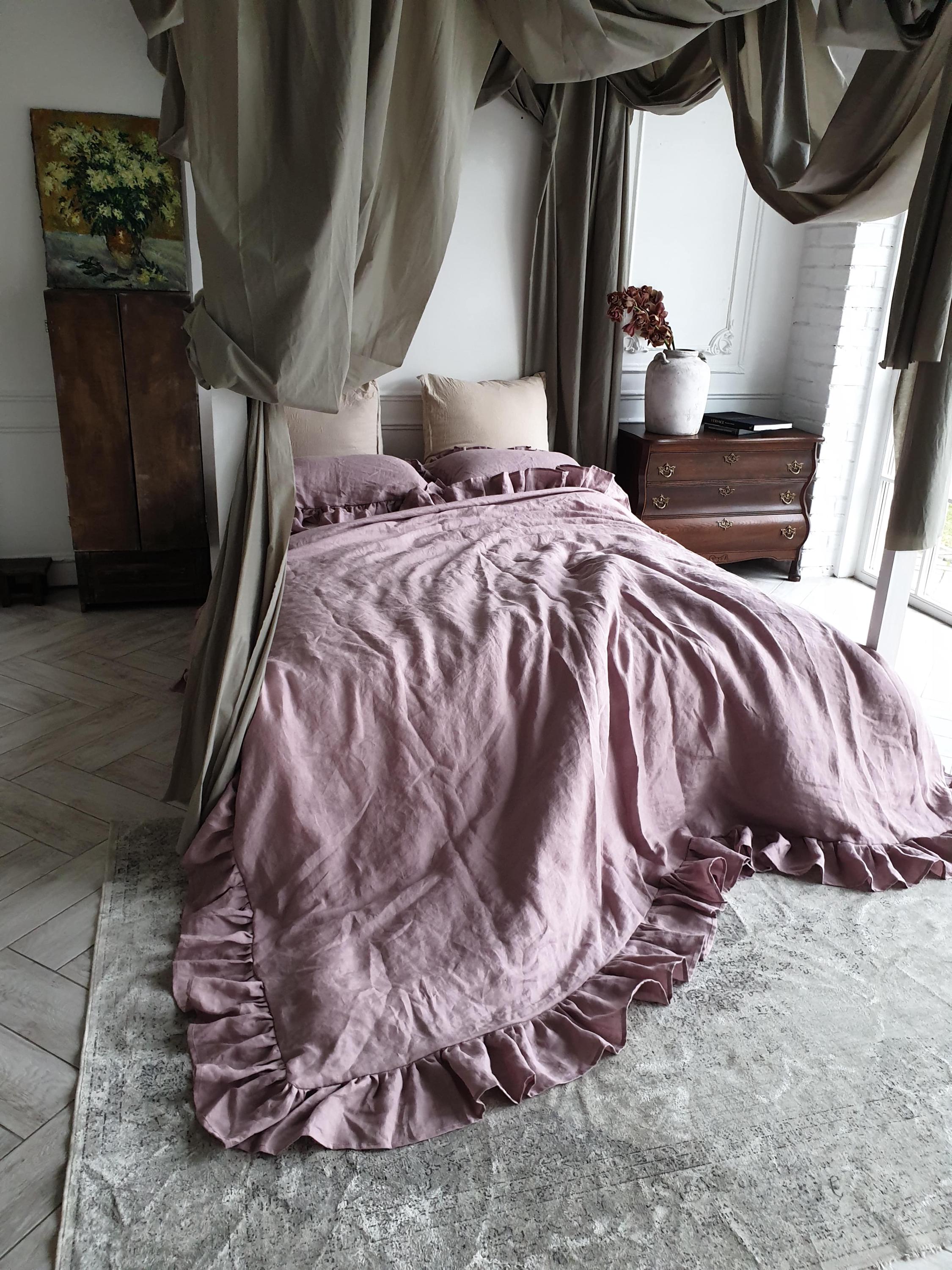 Ruffled Duvet Comforter Cover Set Organic Linen Quilt Cover and Pillowcase Queen King CalKing Twin Full Frilled Comforter Set