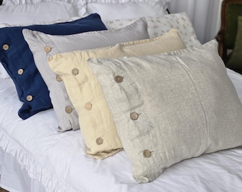 Organic Linen Pillow Case with Buttons: Shabby Chic Bed Decor Pillow Cover