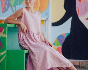 Vestido de lino de gran tamaño: vestido de verano sin mangas con volantes