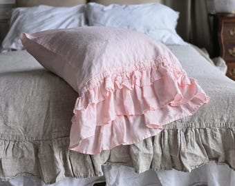 Organic Linen Ruffle Pillow Sham: Stonewashed European Flax Pillow Cover Ruffled Pillowcase