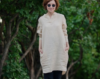 Organic Linen Tunic Dress: Midi Shirtdress with Pockets