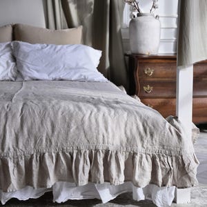 100% Linen Flat Sheet Ruffled Farmhouse Linen Top Sheet With Ruffle Natural Bed Sheet With Ruffle Queen Twin Full King CalKing Custom Size
