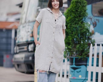 Organic Linen Buttoned Shirt Dress: Midi-Length Summer Tunic