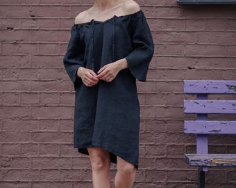 Organic Linen Off-Shoulder Dress: Relaxed Fit Tunic with Pockets